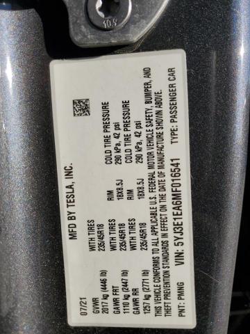 5YJ3E1EA6MF016541 Tesla MODEL 3