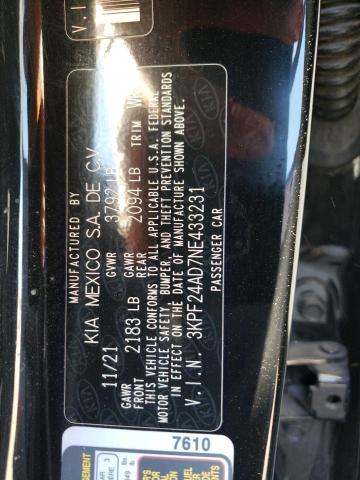3KPF24AD7NE433231 KIA FORTE FE
