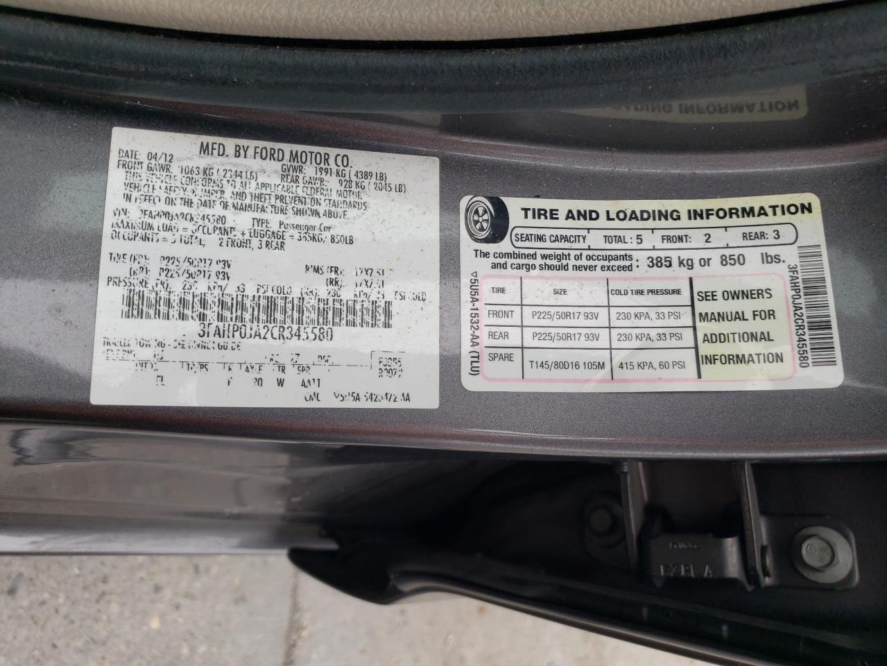 2012 Ford Fusion Sel VIN: 3FAHP0JA2CR345580 Lot: 68120073