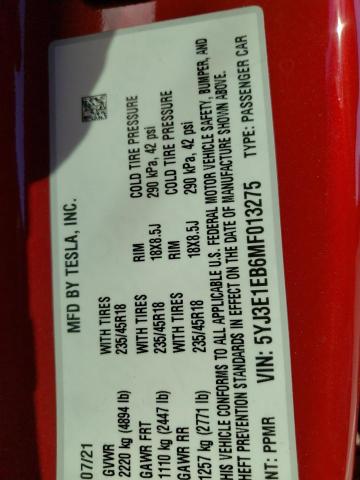 5YJ3E1EB6MF013275 Tesla MODEL 3