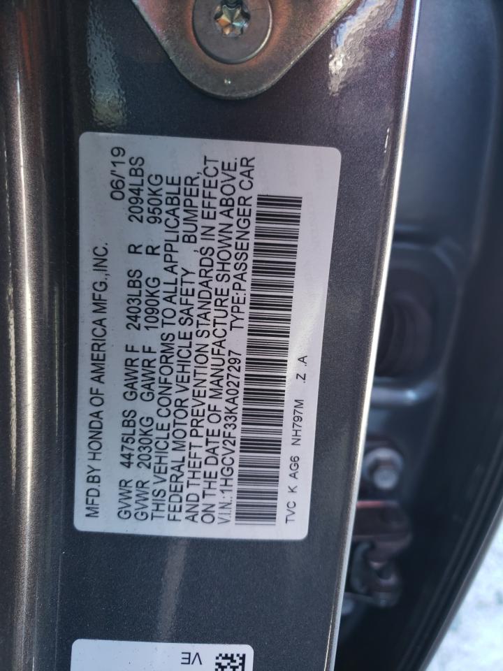 1HGCV2F33KA027297 HONDA ACCORD 2019
