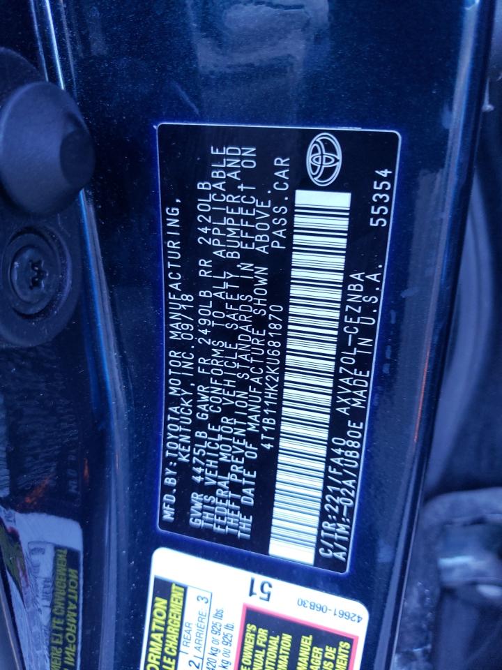 4T1B11HK2KU681870 TOYOTA CAMRY 2019