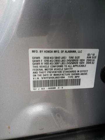 2018 HONDA PILOT ELIT 5FNYF6H0XJB031994