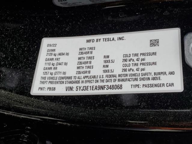 5YJ3E1EA9NF348068 Tesla MODEL 3