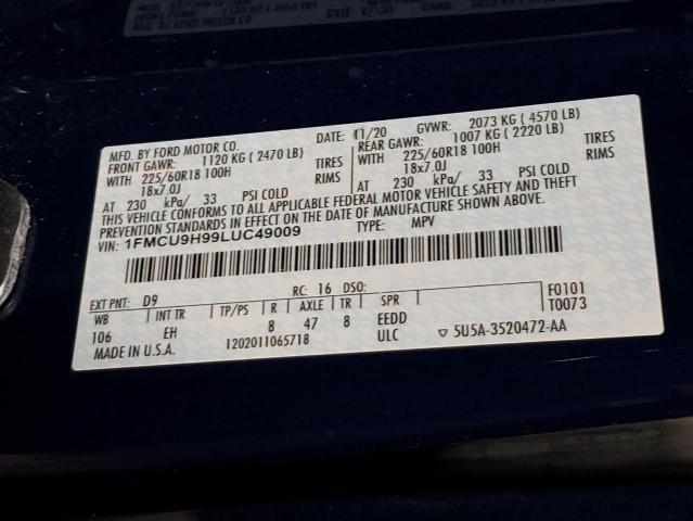 2020 FORD ESCAPE SEL 1FMCU9H99LUC49009
