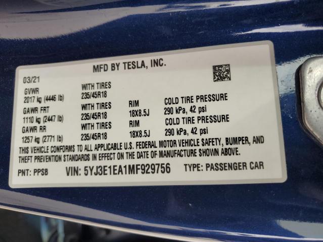 2021 TESLA MODEL 3 - 5YJ3E1EA1MF929756