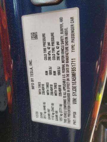 5YJ3E1EA5MF851711 Tesla MODEL 3