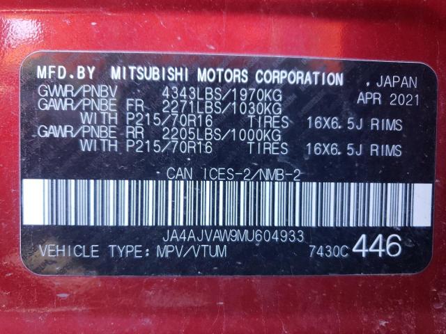 2021 MITSUBISHI RVR SE JA4AJVAW9MU604933