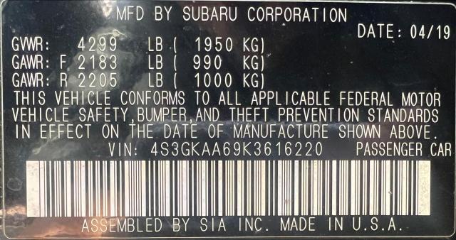 2019 SUBARU IMPREZA 4S3GKAA69K3616220