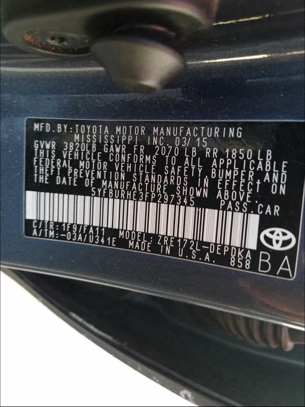 VIN 5YFBURHE3FP297345 2015 Toyota Corolla, L no.10