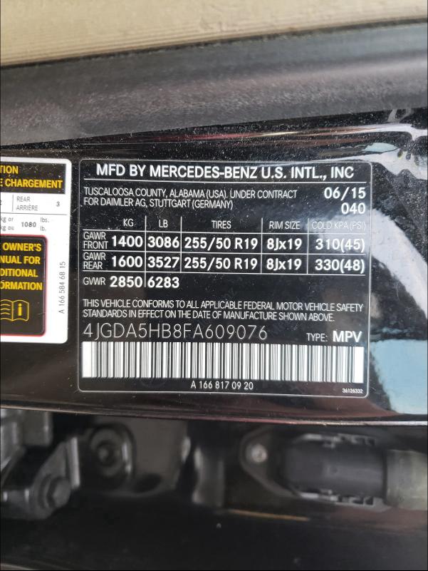 2015 MERCEDES-BENZ ML 350 4MA 4JGDA5HB8FA609076