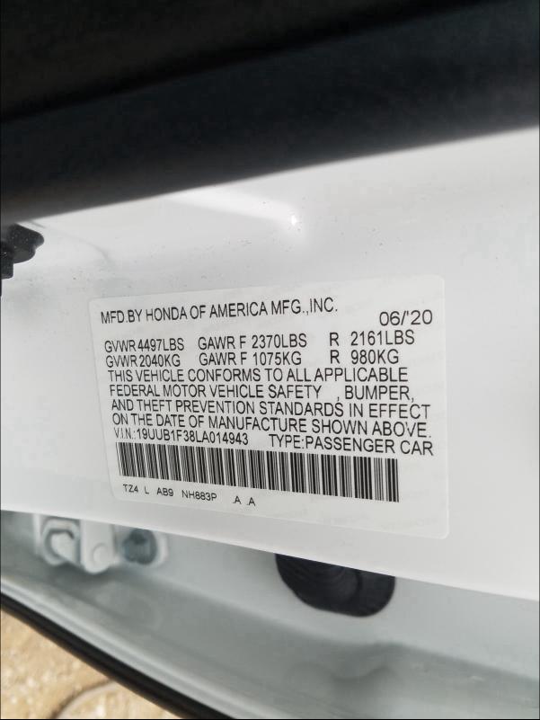 2020 ACURA TLX 19UUB1F38LA014943