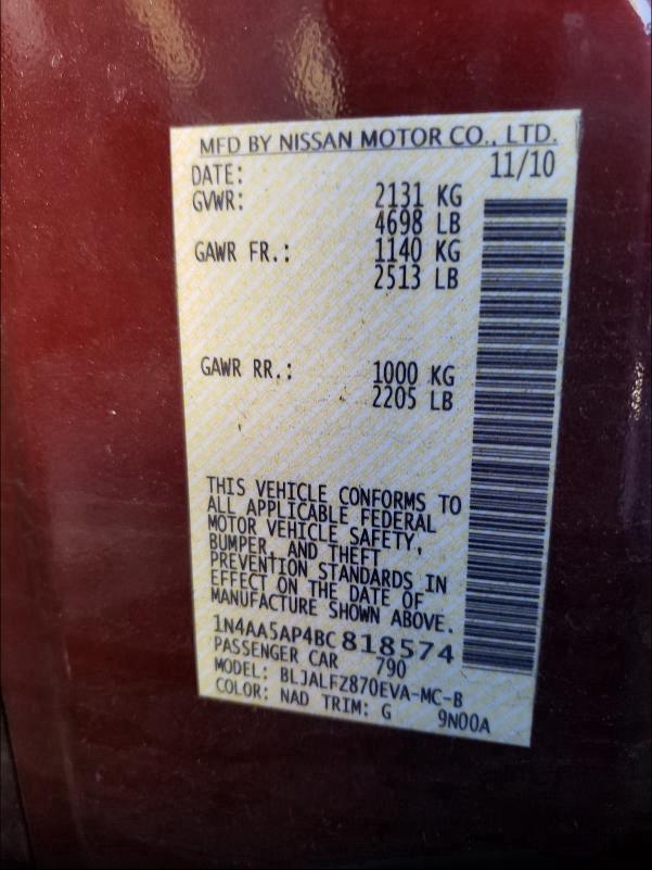 2011 NISSAN MAXIMA S 1N4AA5AP4BC818574