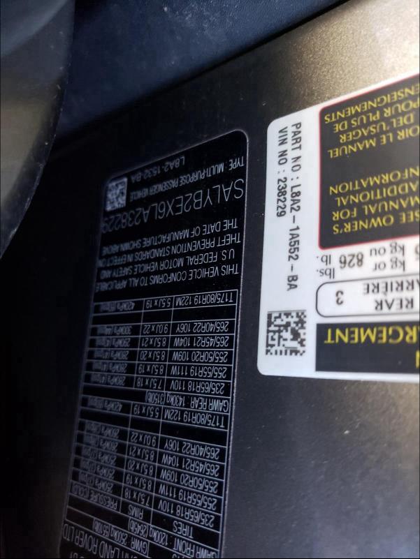 2020 LAND ROVER RANGE ROVE SALYB2EX6LA238229