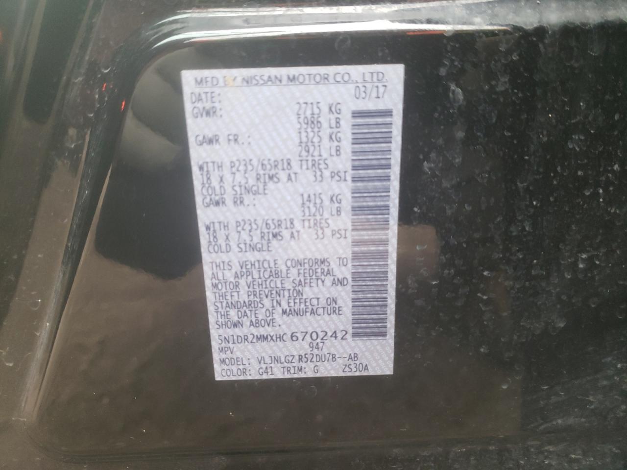 5N1DR2MMXHC670242 NISSAN PATHFINDER 2017