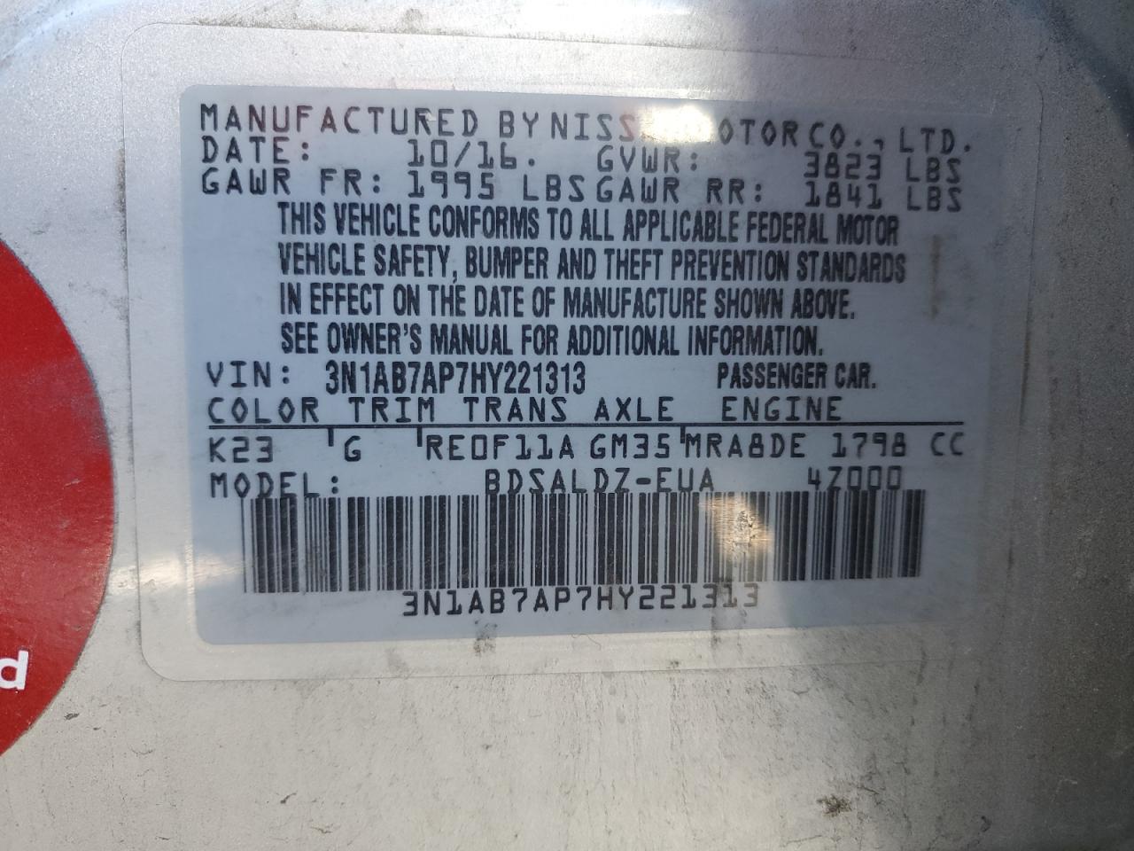 3N1AB7AP7HY221313 NISSAN SENTRA 2017
