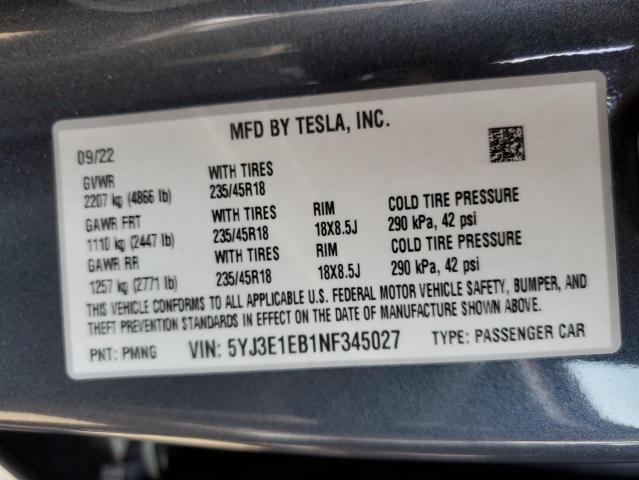 5YJ3E1EB1NF345027 Tesla MODEL 3