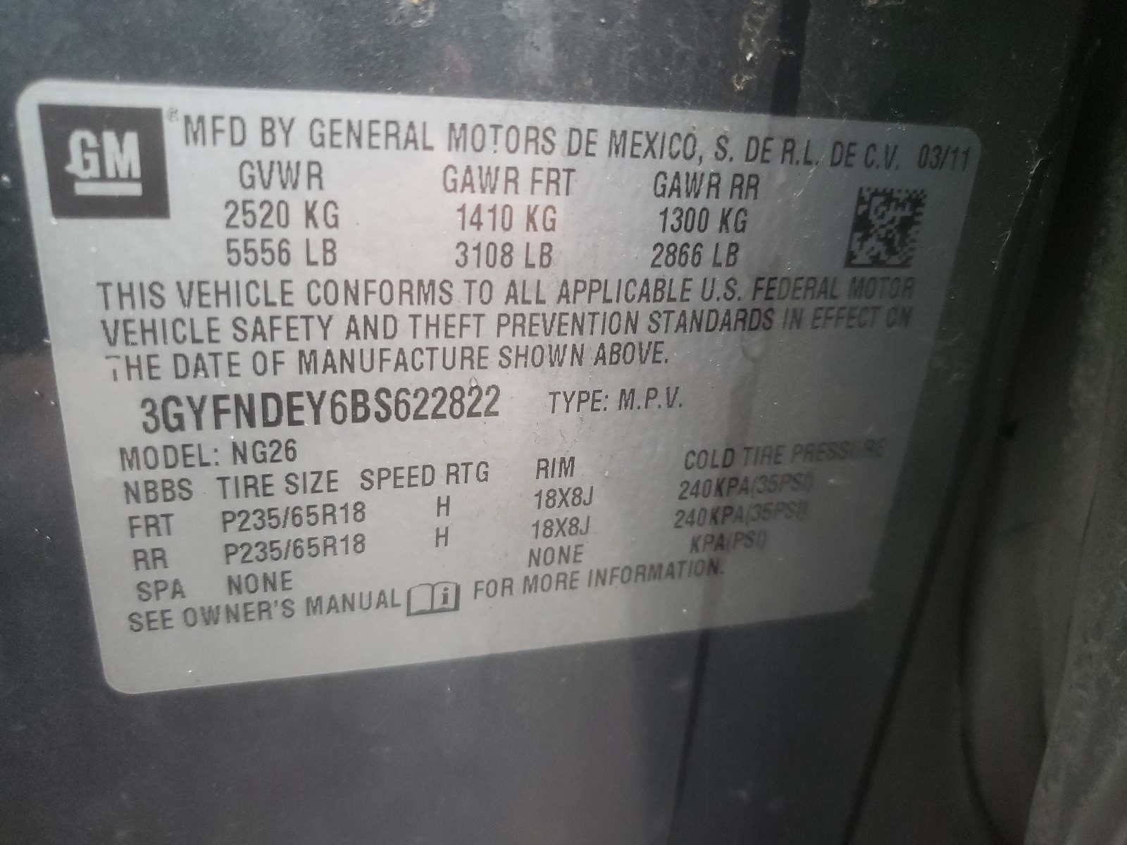 3GYFNDEY6BS622822 2011 Cadillac Srx Luxury Collection