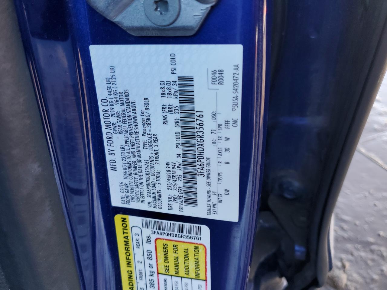 3FA6P0HDXGR356761 FORD FUSION 2016