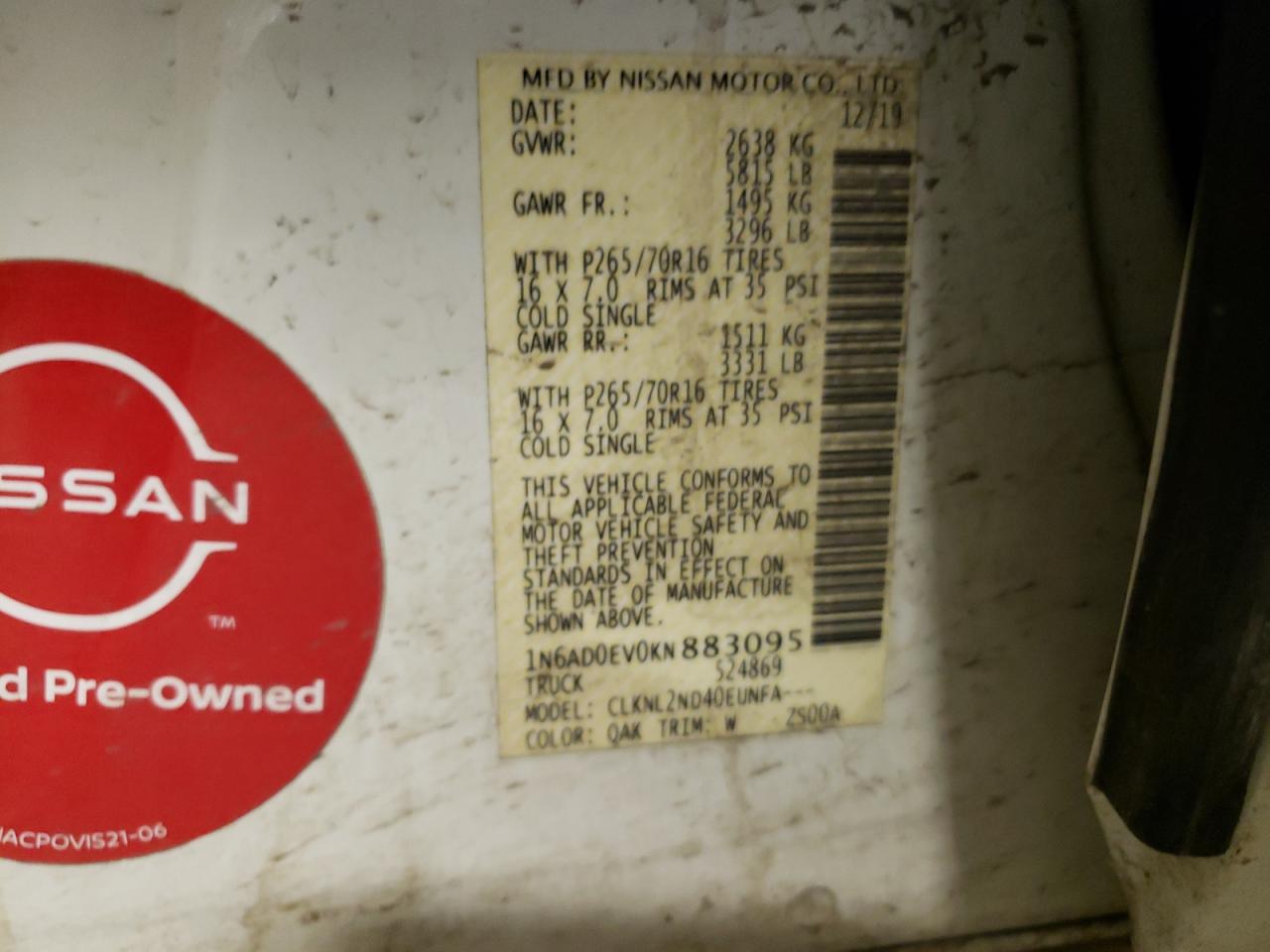 1N6AD0EV0KN883095 NISSAN FRONTIER 2019