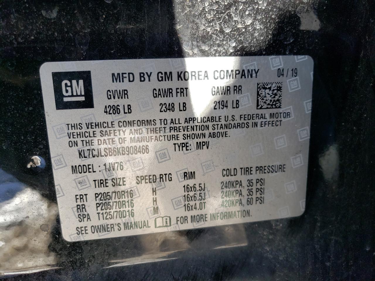 KL7CJLSB6KB908466 CHEVROLET TRAX 2019