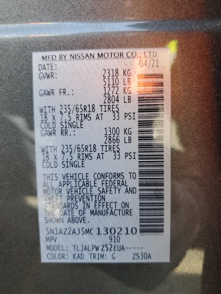 5N1AZ2AJ5MC130210 NISSAN MURANO 2021