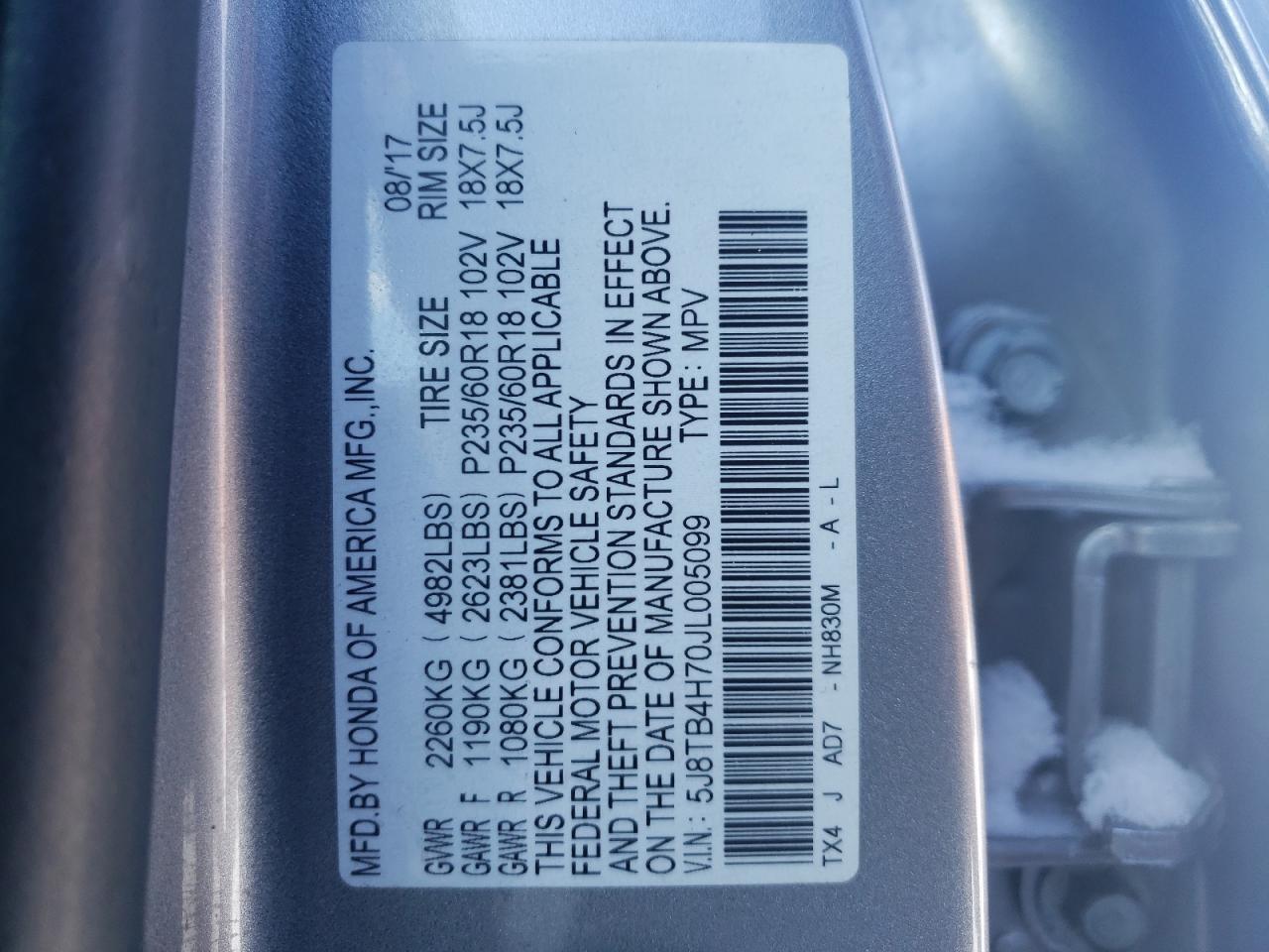 5J8TB4H70JL005099 2018 Acura Rdx Advance