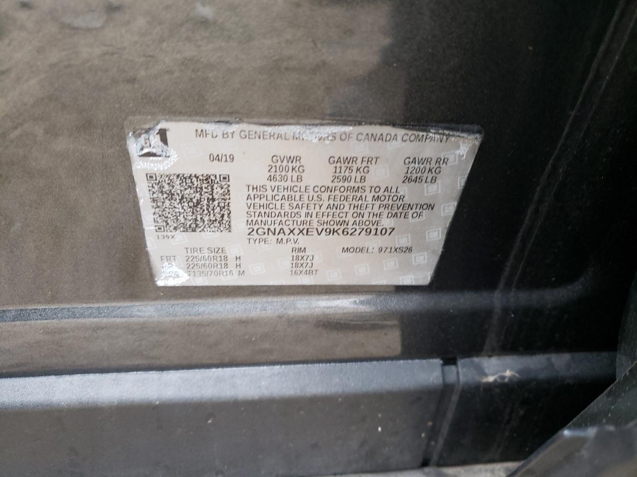 2GNAXXEV9K6279107 CHEVROLET EQUINOX 2019