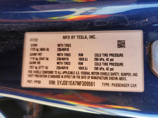 2022 TESLA MODEL 3 - 5YJ3E1EA7NF309561