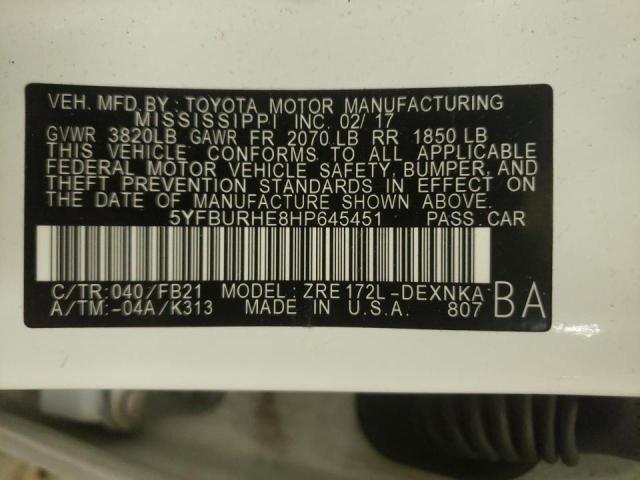 2017 TOYOTA COROLLA L 5YFBURHE8HP645451