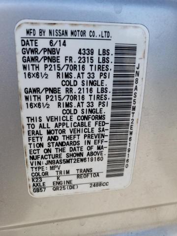JN8AS5MT2EW619160 Nissan Rogue Select S