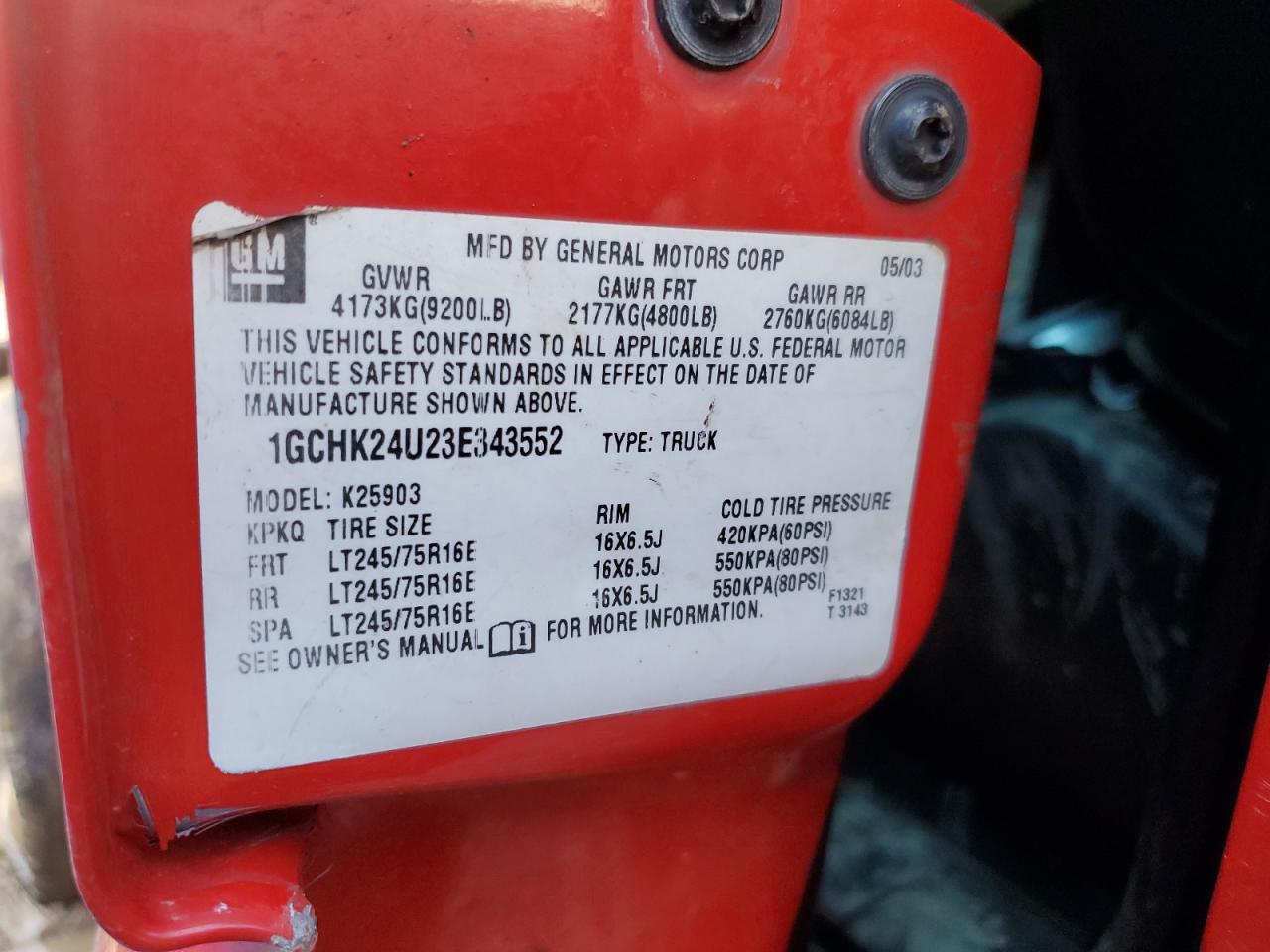 2003 Chevrolet Silverado K2500 Heavy Duty VIN: 1GCHK24U23E343552 Lot: 39566983