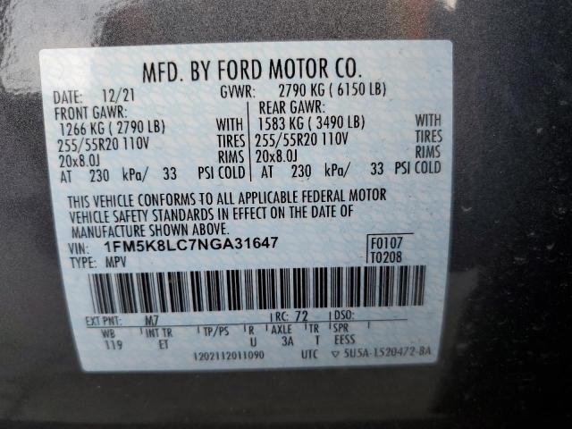 2022 FORD EXPLORER K 1FM5K8LC7NGA31647