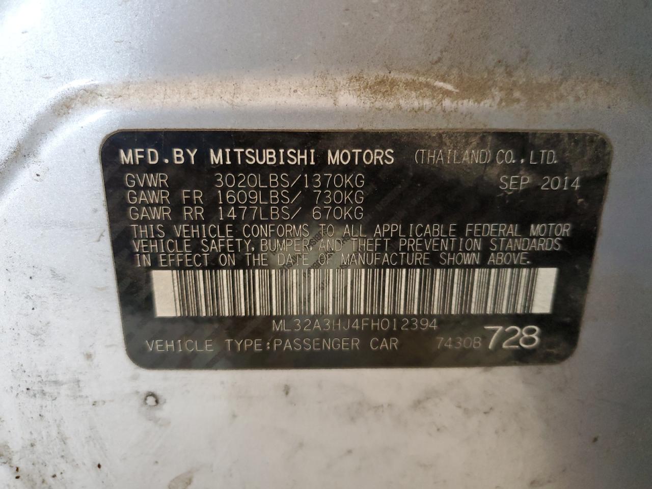 ML32A3HJ4FH012394 2015 Mitsubishi Mirage De