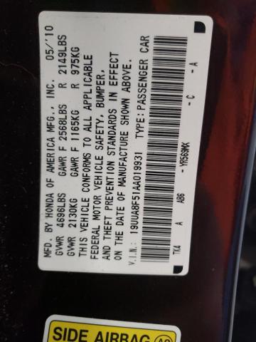 2010 ACURA TL VIN: 19UUA8F51AA019931