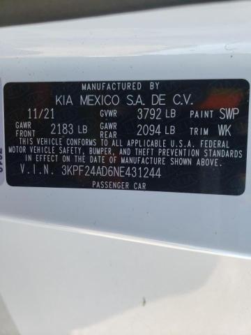 3KPF24AD6NE431244 KIA FORTE FE