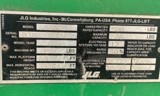 2015 JLG 600AJ BOOM LIFT VIN: 0300205118