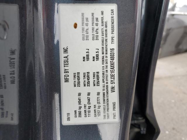 2019 TESLA MODEL 3 5YJ3E1EAXKF480316