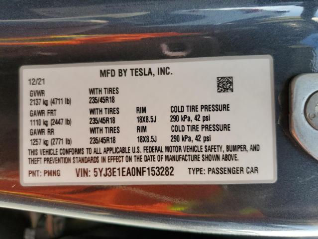 5YJ3E1EA0NF153282 Tesla MODEL 3