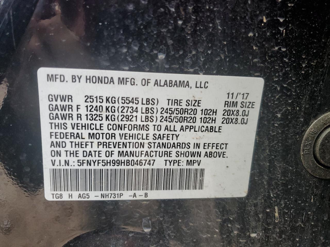 5FNYF5H99HB046747 HONDA PILOT 2017