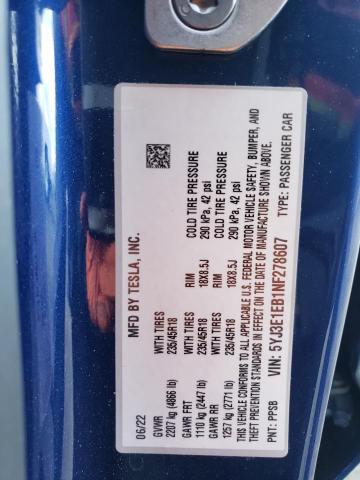 5YJ3E1EB1NF278607 Tesla MODEL 3