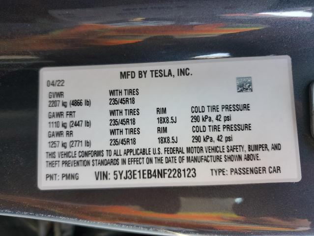 Auction sale of the 2022 TESLA MODEL 3 , vin: 5YJ3E1EB4NF228123, lot number: 41873833