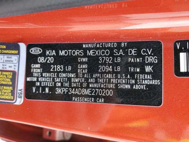 3KPF34AD8ME270200 KIA Forte Gt Line