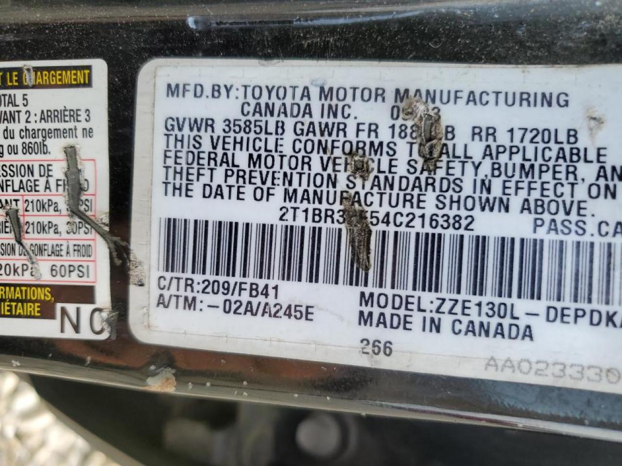 2004 Toyota Corolla Ce VIN: 2T1BR32E54C216382 Lot: 74378673