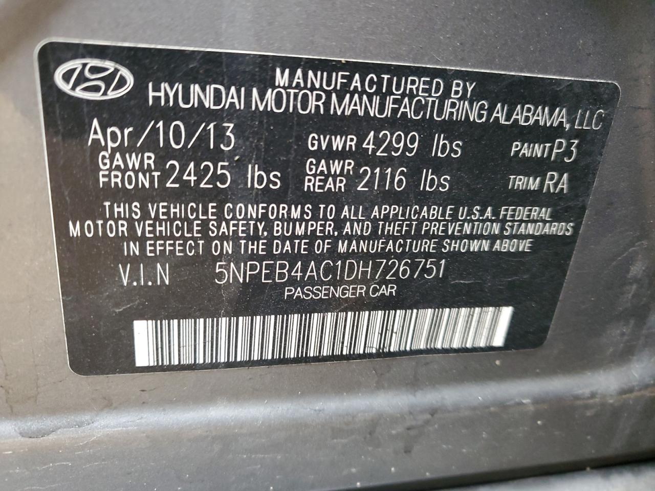 5NPEB4AC1DH726751 2013 Hyundai Sonata Gls