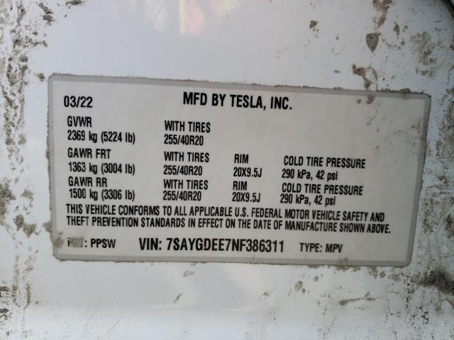 2022 TESLA MODEL Y 7SAYGDEE7NF386311