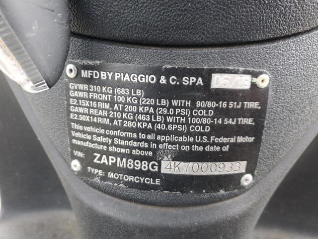 2019 PIAGGIO SCOOTER ZAPM898G4K7000933