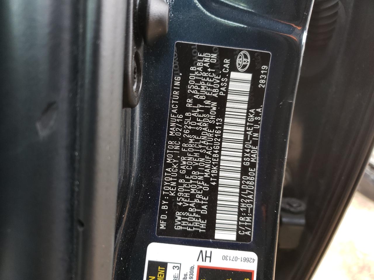 4T1BK1EB4GU216113 TOYOTA AVALON 2016