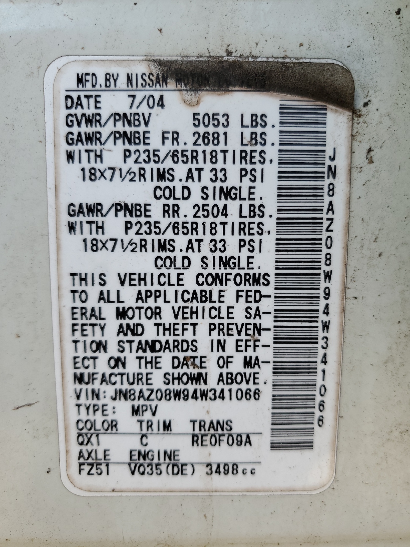 JN8AZ08W94W341066 2004 Nissan Murano Sl