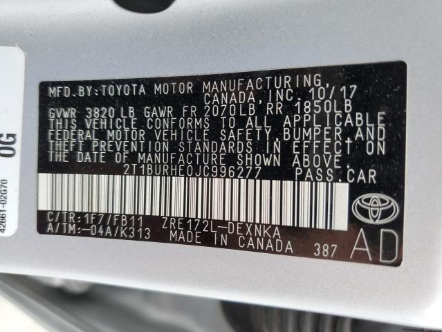 2018 TOYOTA COROLLA L 2T1BURHE0JC996277